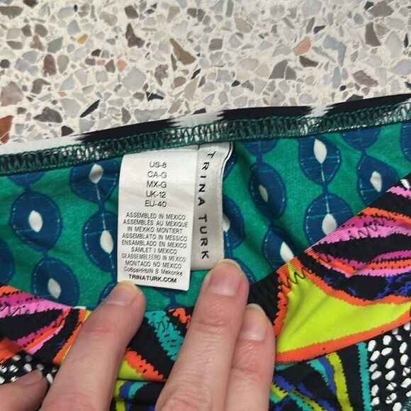 Trina Turk bikini bottom tassel US 8 black ikat print pink green - Picture 2 of 4